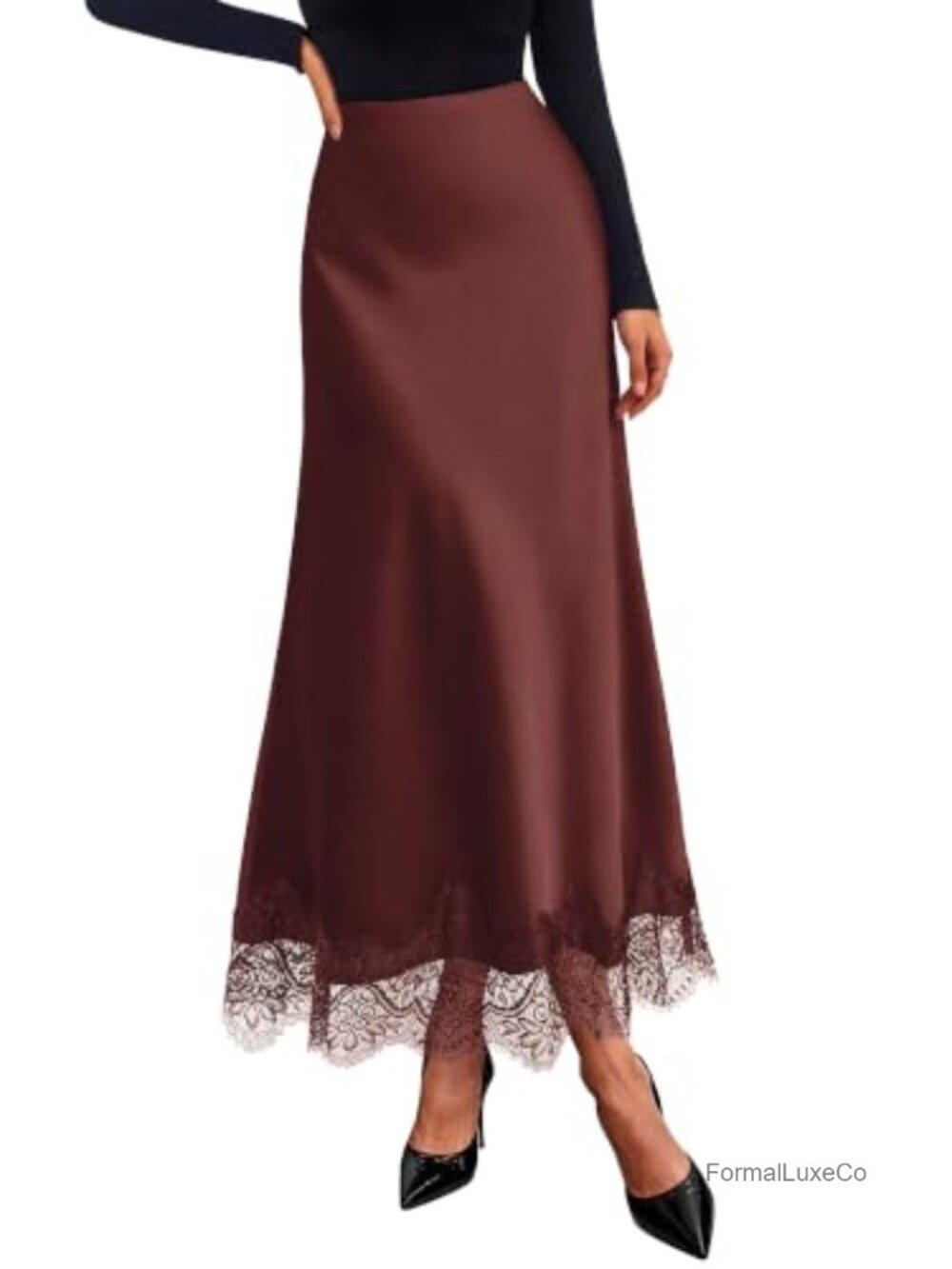 Satin High Waisted A-Line Maxi Skirt with Lace Trim